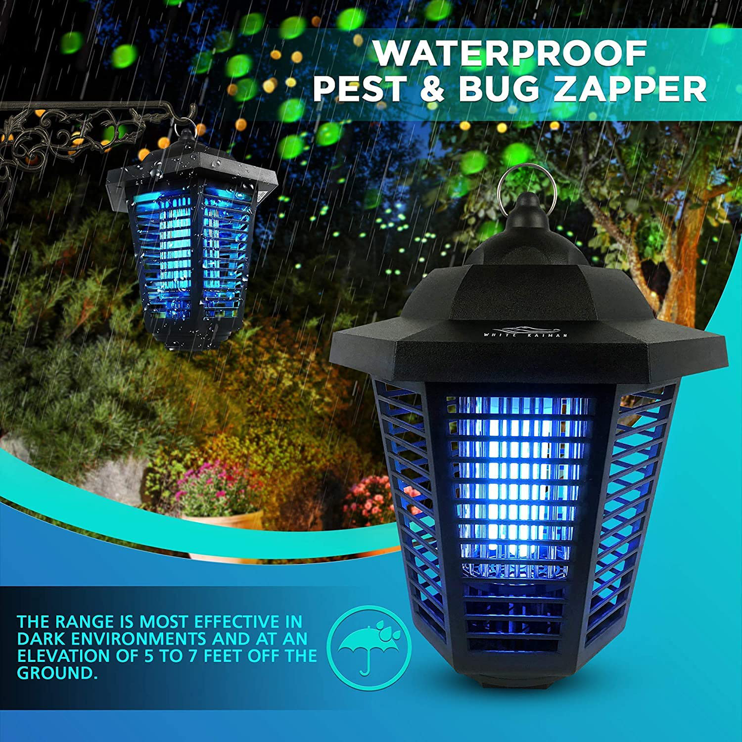 White Kaiman Electric Bug Zapper Outdoor Mosquito Lamp w/Photo-Sensor Timer- High Powered 2000 Volt Grid & 20W UV Tube Insect Attracting Mosquitoes ~ Killer Waterproof Bug Zapper