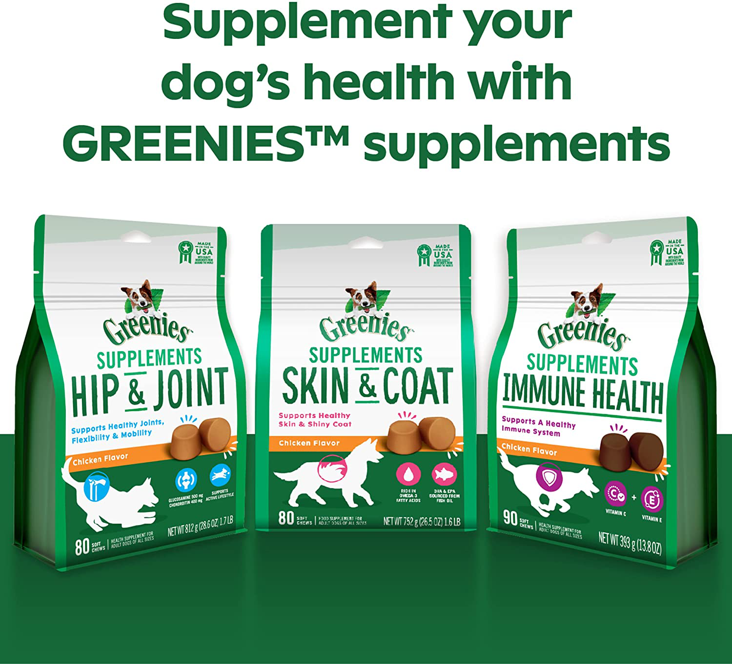 GREENIES Skin & Coat Food Supplements with Omega 3 Fatty Acids, 80-Count Chicken- Flavor Soft Chews for Adult Dogs