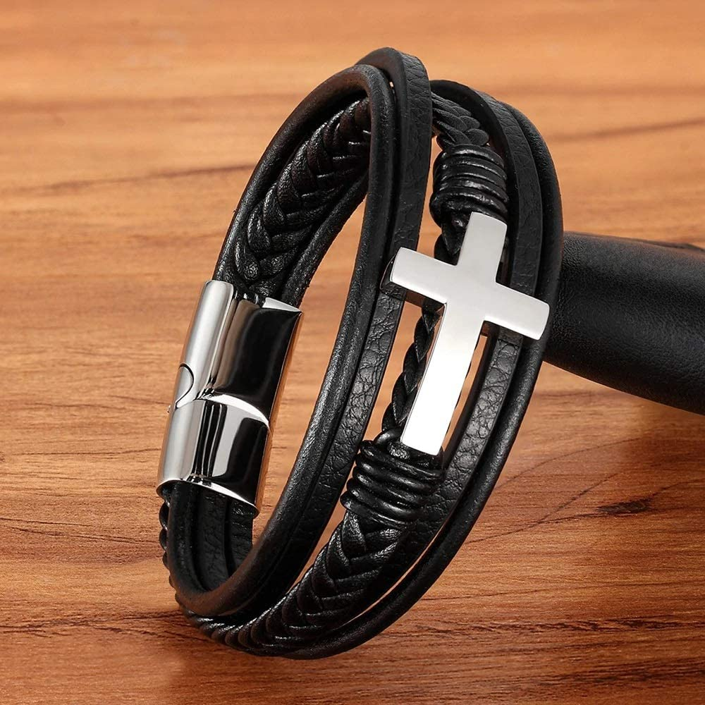 Multi-Layer Braided Leather Bracelets with Magnetic Clasp Mens Cuff Bracelets for Men Genuine Leather Bracelet Christian Leather Bracelet Cross Religious Leather Bracelets