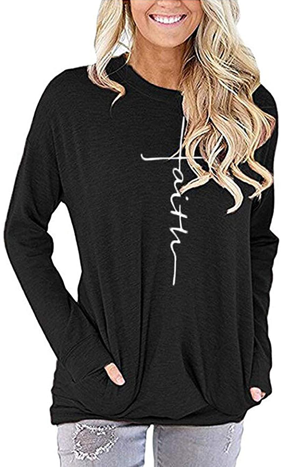 ZILIN Women's Casual Letter Print Crewneck T-Shirt Long Sleeve Tunic Tops Sweatshirt with Pockets