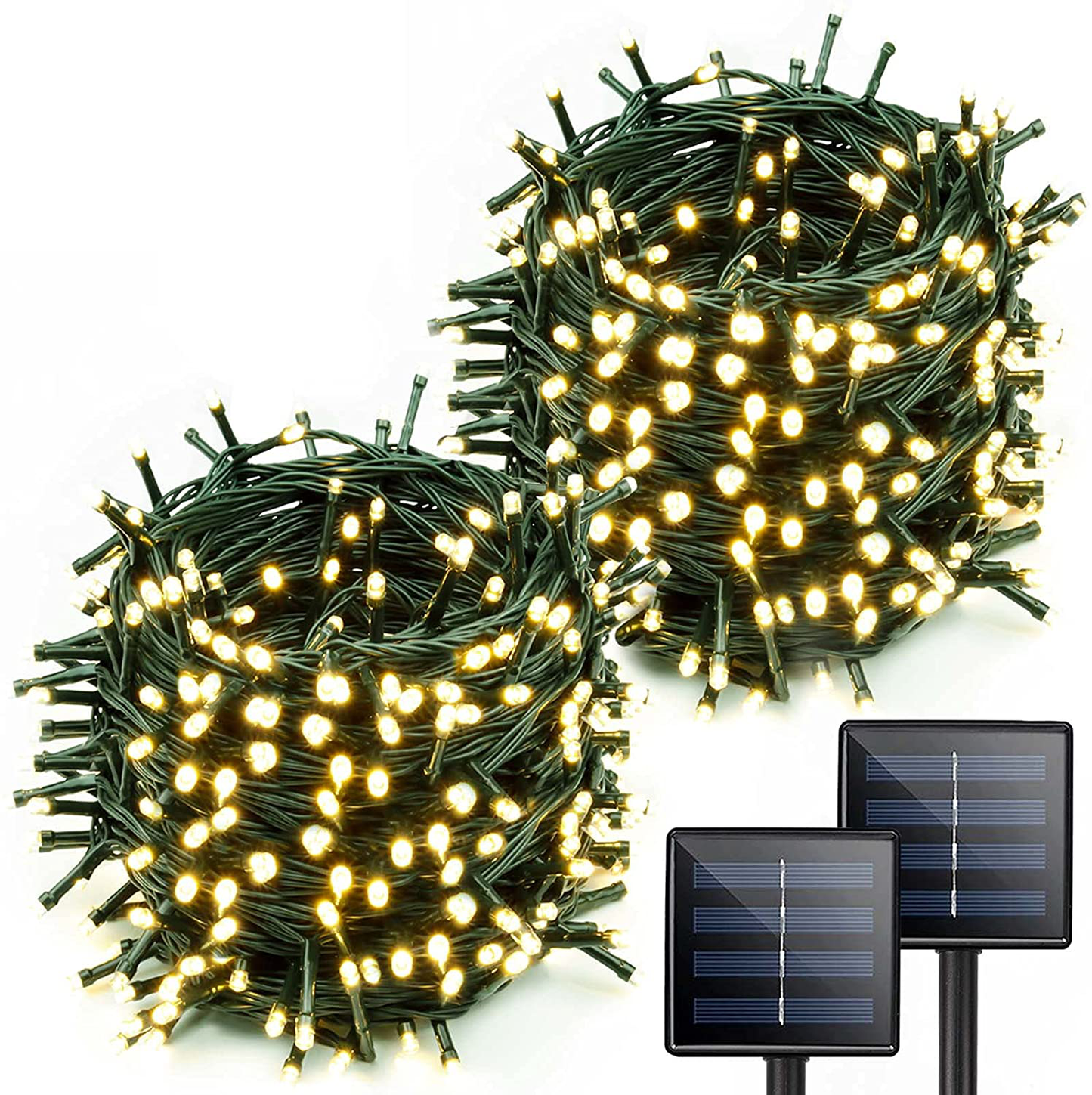 Extra-Long 2-Pack Each 72ft 200 LED Solar String Lights Outdoor (Upgraded Ultra-Bright), Waterproof Green Wire Solar Lights Outdoor Decorative, 8 Lighting Modes Solar Xmas Tree Lights (Warm White)