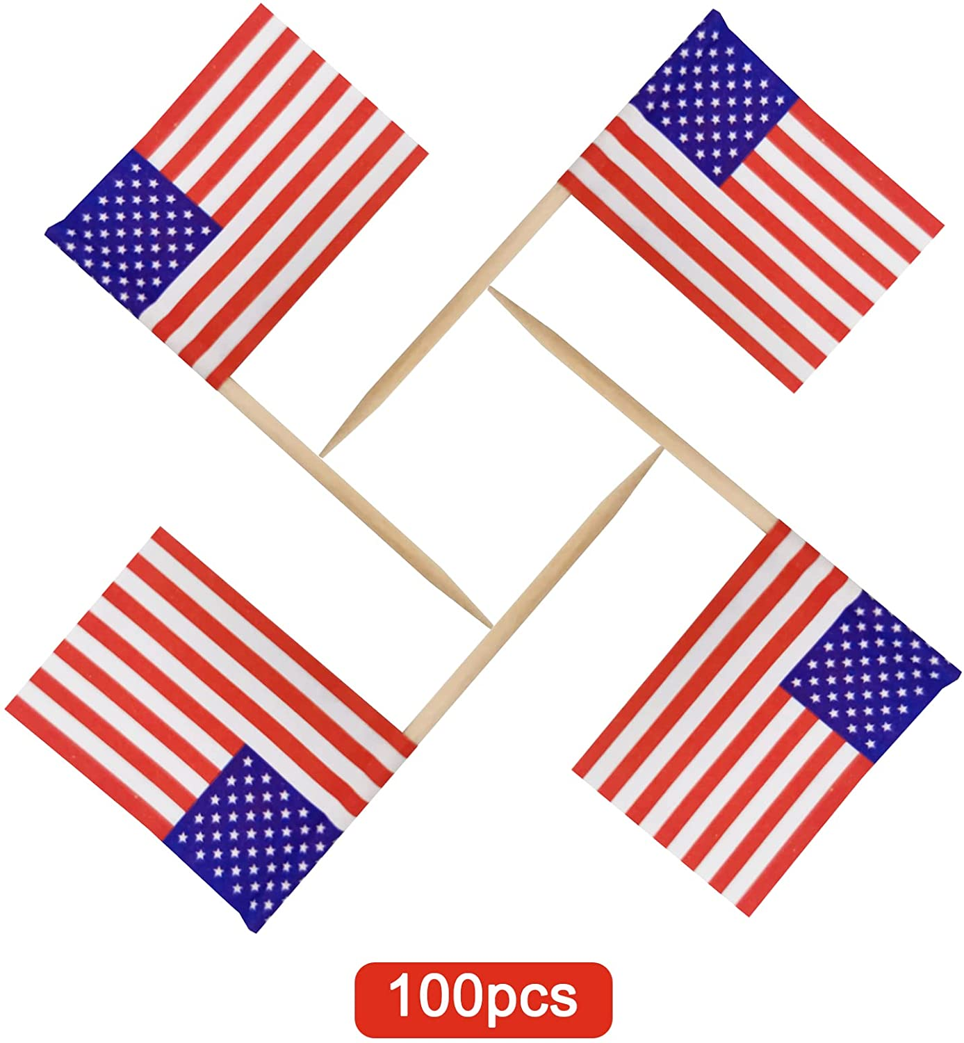 100 Pcs USA American Flag Toothpick Flags,Small Toothpick Mini Stick Cupcake Toppers,Country Picks Party Decoration Celebration Cocktail Picks for Party Bar Sport Events.