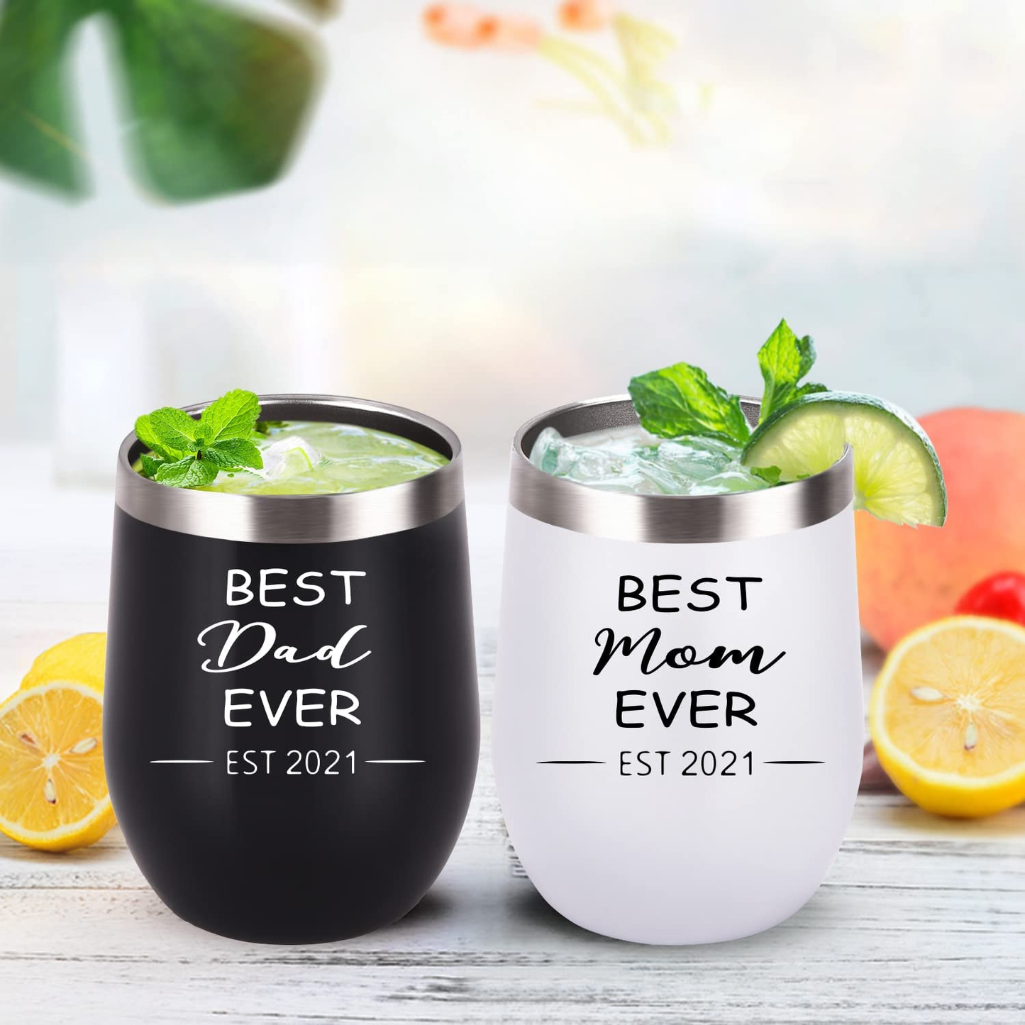New Parents Gifts, Best Dad and Mom Ever Est 2021 Tumbler Set, New Mom and Dad Parents Baby Shower New Pregnancy Gift, Insulated Stainless Steel Wine Tumbler with Lid Straw(12Oz, Black and White)