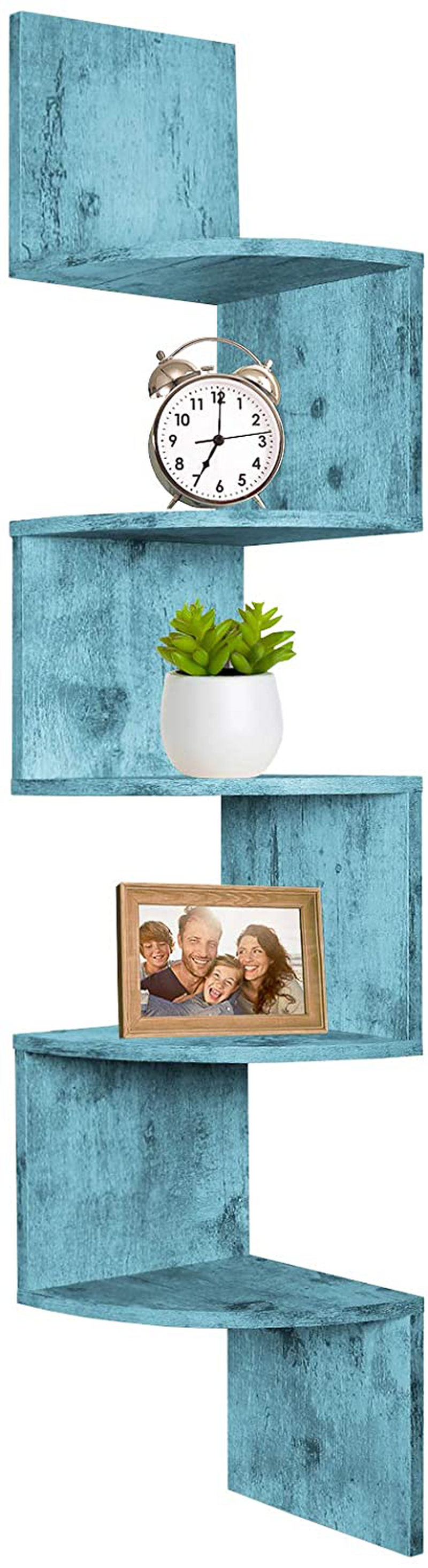 Greenco 5 Tier Wall Mount Corner Shelves Rustic Blue Finish, 7.75" L x 7.75" W x 48.5" H.