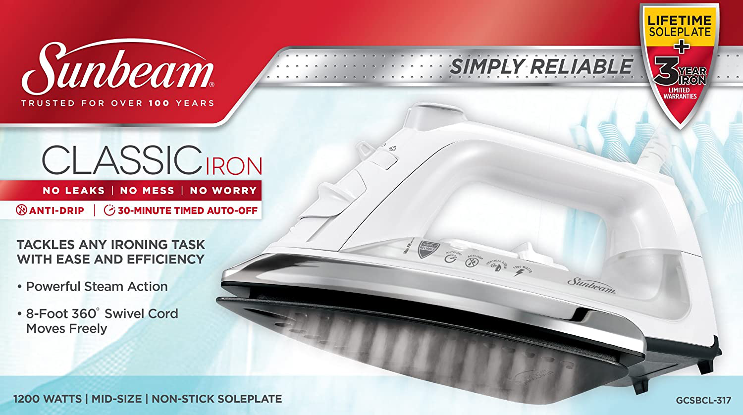 Sunbeam Classic 1200 Watt Mid-size Anti-Drip Non-Stick Soleplate Iron with Shot of Steam/Vertical Shot feature and 8' 360-degree Swivel Cord, White/Clear, GCSBCL-317-000