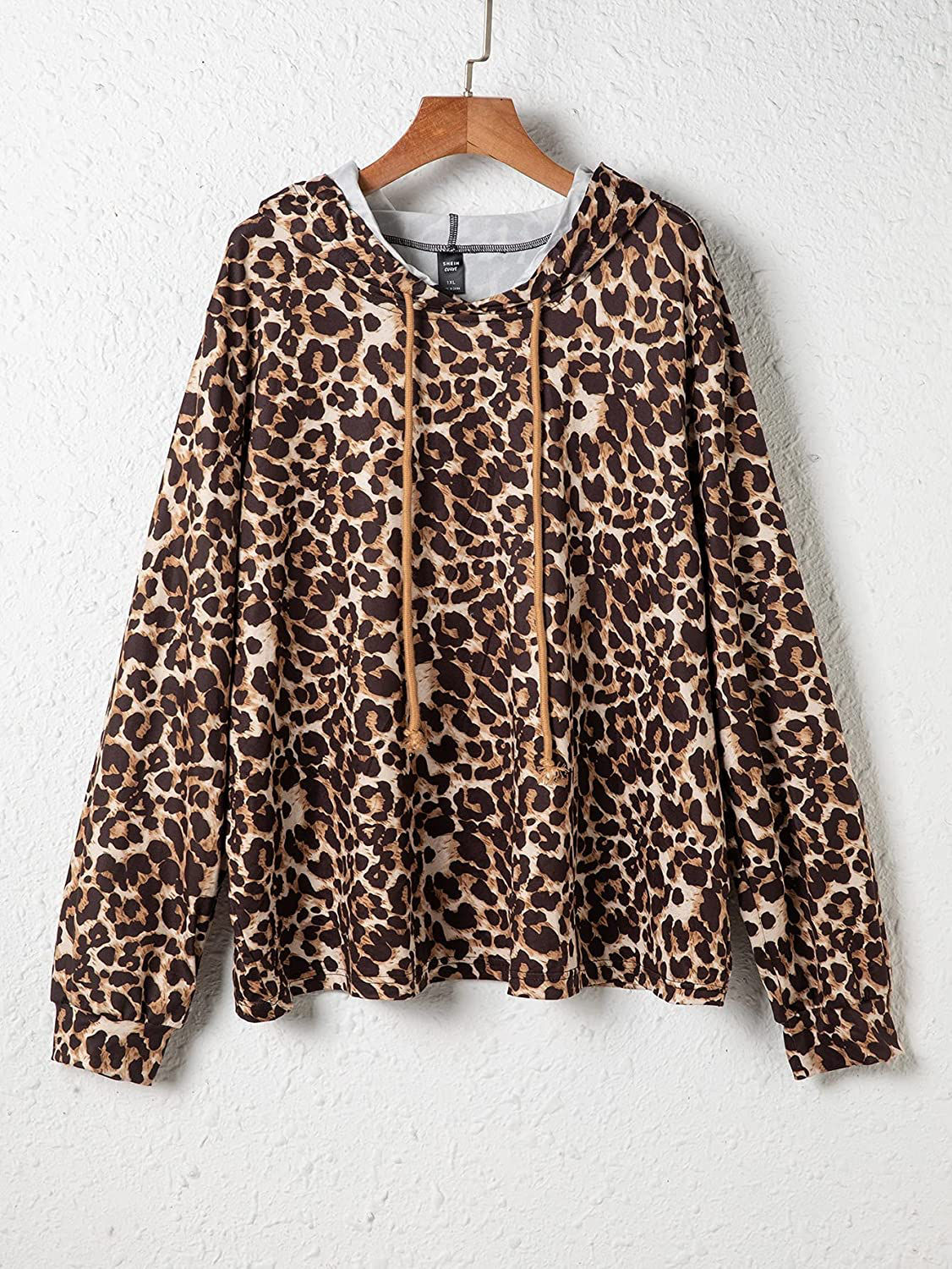 SheIn Women's Plus Leopard Print Drawstring Hoodie Long Sleeve Pullover Sweatshirt