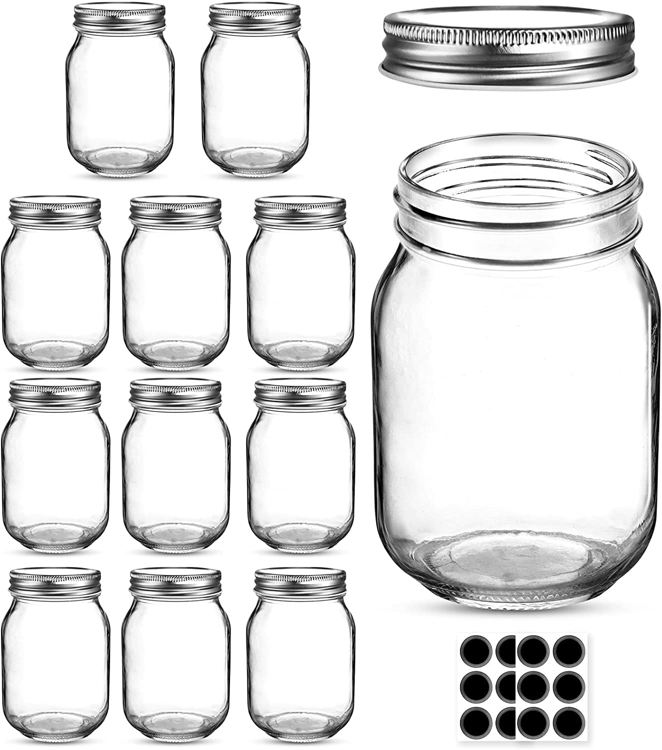 Mason Jars 16 OZ, AIVIKI 12 Pack Regular Mouth Glass Canning Jars with Silver Metal Airtight Lids and Bands for Sealing, Canning, Dry Food, Preserving, Jam, Honey, Jelly, Meal Prep, Overnight Oats, Food Storage, Salads, 12 Whiteboard Labels Included