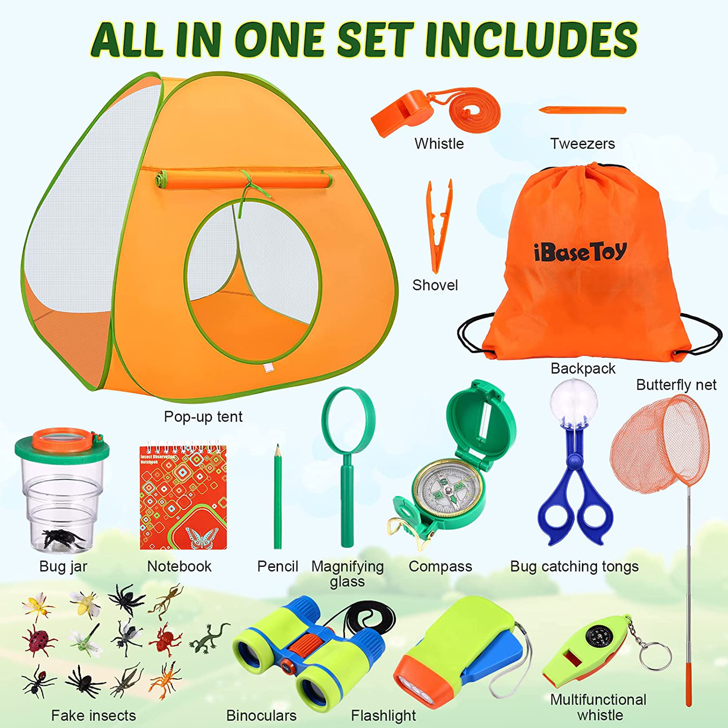 Ibasetoy Kids Camping Set with Tent 28 PCS - Camping Toys Adventure Kit for Kids Toddlers Boys - Including Binoculars, Compass, Flashlight, Bug Catching Kit, Camping Tent and Etc