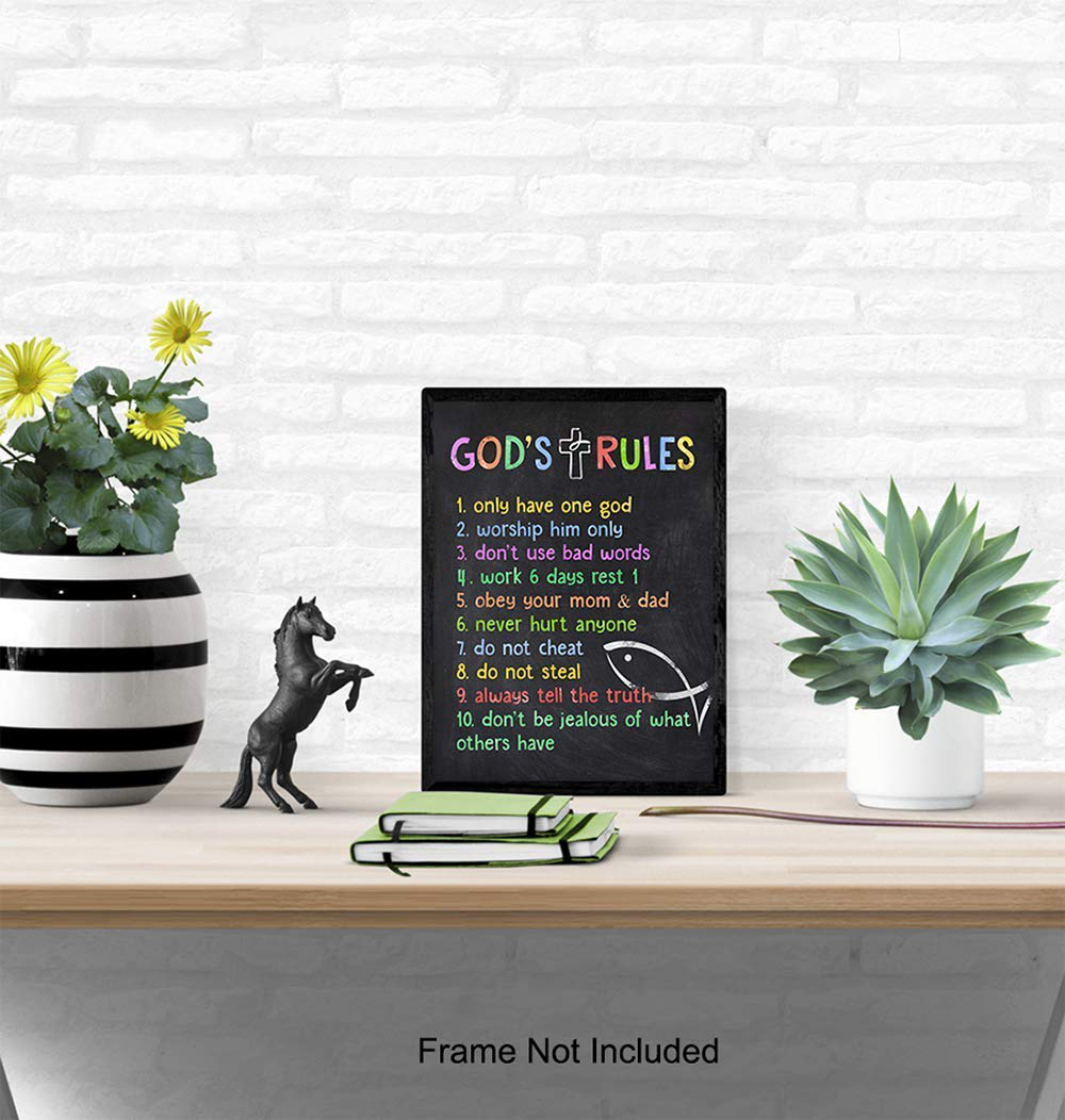 Ten Commandments Wall Decor for Kids, Boys, Girls Bedroom, Toddler Room or Nursery - Religious Bible Verse Wall Art, Christian Scripture Home Decoration - Cute Gift - 8x10 UNFRAMED Picture Print