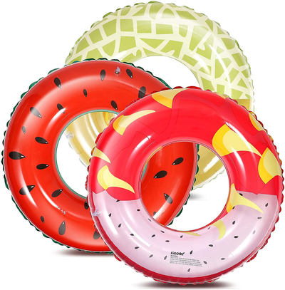 3 Pack Summer Swimming Float with Watermelon, Melon, and Dragon Fruit Swimming Pool Ring Funny Pool Tube Toys for Summer Water Parties Outdoor Water Activities