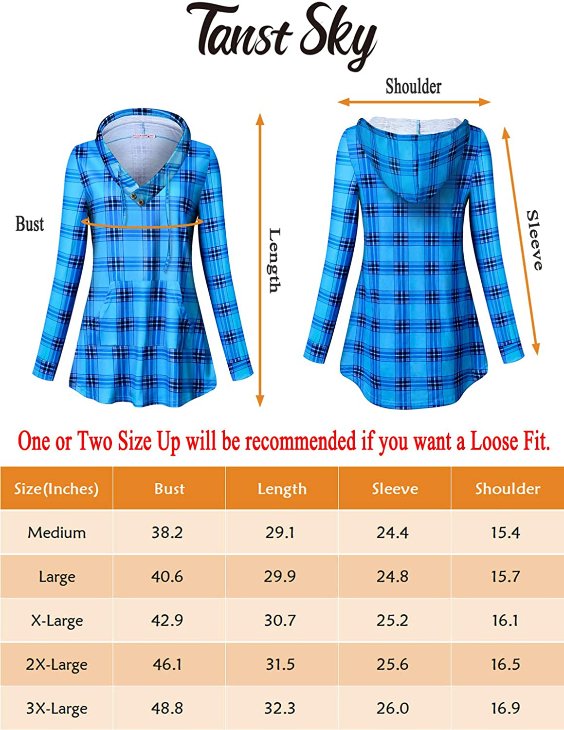 Tanst Sky Womens Long Sleeve Plaid Hoodie Shirts Tunic Tops with Pocket