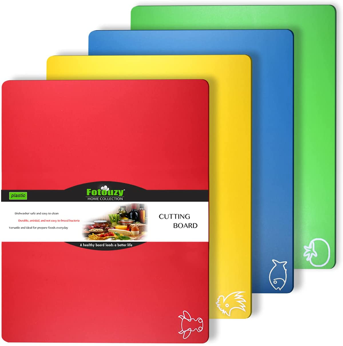 Cutting Board Mats Flexible Plastic Colored Mats with Food Icons, Fotouzy Bpa-Free, Non-Porous, Upgrade 100% Non-Slip and Dishwasher Safe, Set of 4