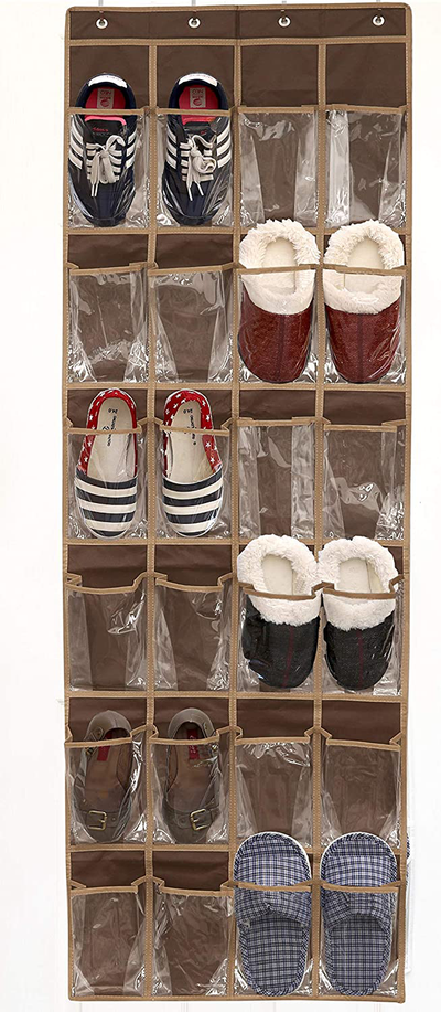 24 Pockets - SimpleHouseware Crystal Clear Over The Door Hanging Shoe Organizer, Brown