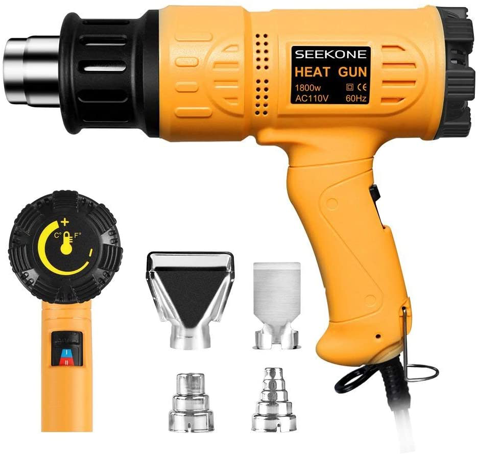 SEEKONE Heat Gun 1800W Heavy Duty Hot Air Gun Kit Variable Temperature Control with 2-Temp Settings 4 Nozzles 122℉~1202℉（50℃- 650℃）with Overload Protection for Crafts, Shrinking PVC, Stripping Paint