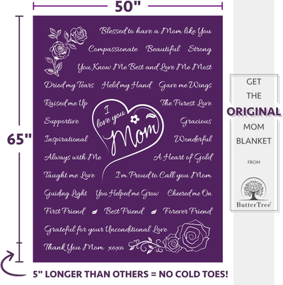 I Love You Mom Gift Blanket - Gifts for Mom - Birthday Gifts for Women - Unique Mom Gifts from Daughter or Son for Her Birthday, Mothers Day, or Christmas - Super Soft Throw 50" X 65" (Purple)