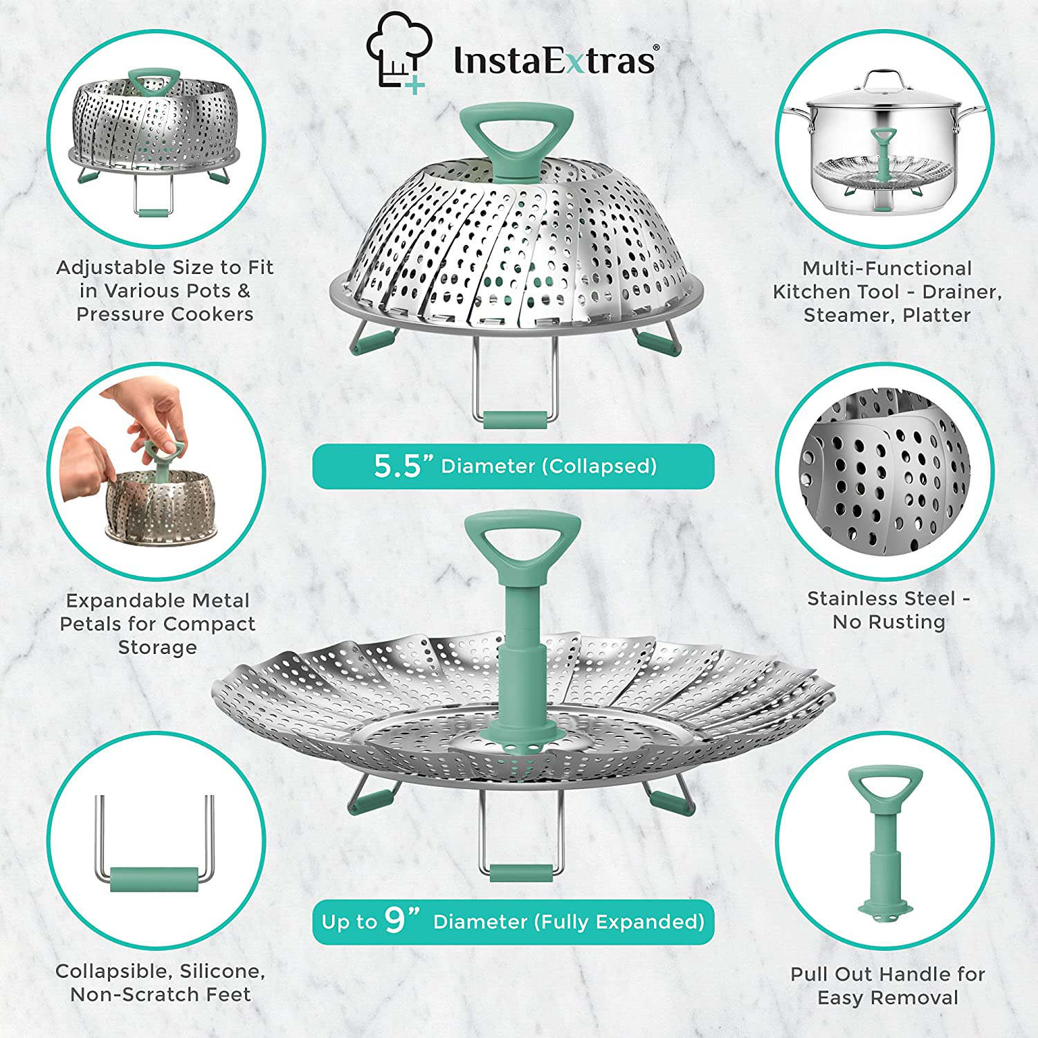 Stainless Steel Expandable Steamer Basket - Collapsible Steam Cooking Insert for Steaming Food, Vegetable - Compatible with Instant Pot 3 6 8 Qt, Pressure Cooker, 5-9 Inch Adjustable Fits Any Size Pan