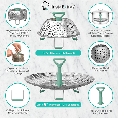 Stainless Steel Expandable Steamer Basket - Collapsible Steam Cooking Insert for Steaming Food, Vegetable - Compatible with Instant Pot 3 6 8 Qt, Pressure Cooker, 5-9 Inch Adjustable Fits Any Size Pan