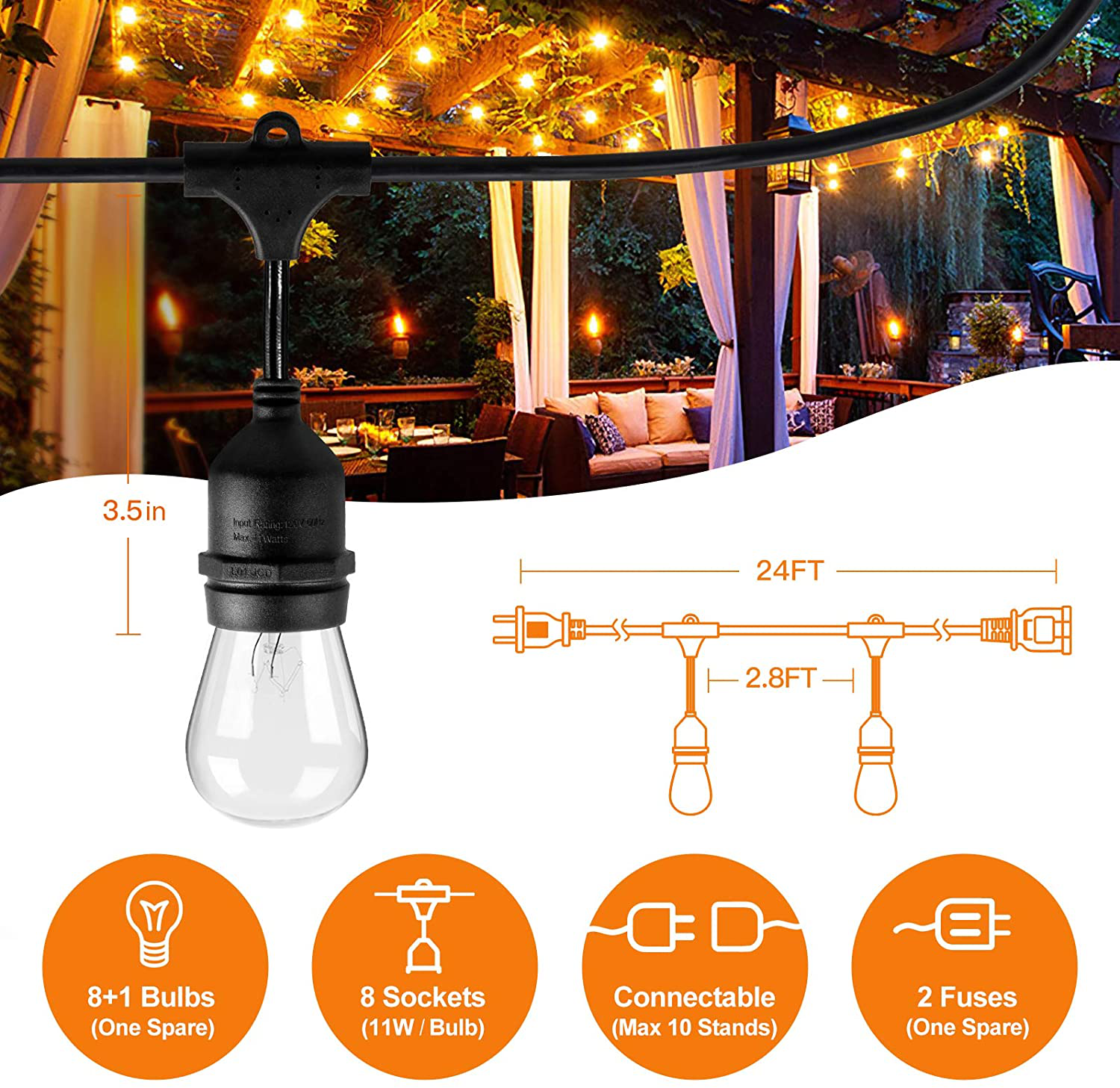 addlon 48 FT Outdoor String Lights Commercial Grade Weatherproof Edison Vintage Bulbs 15 Hanging Sockets, UL Listed Heavy-Duty Decorative Cafe Patio Lights for Bistro Garden, White
