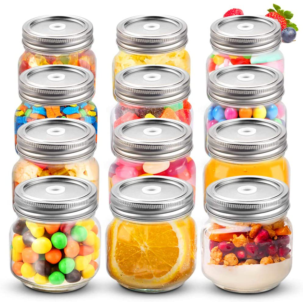 sungwoo Mason Jars 8 oz Regular Mouth Canning Jars with Sealed and Straw Lids for Jam Honey Snacks Candies (12 Pack)