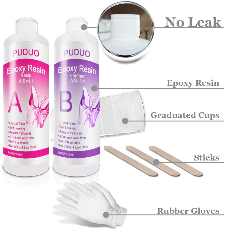 Epoxy-Resin-Crystal-Clear-Kit for Art, Jewelry, Crafts，Coating- 16 OZ Including 8OZ Resin and 8OZ Hardener | Bonus 4 pcs Measuring Cups, 3pcs Sticks, 1 Pair Rubber Gloves by PUDUO