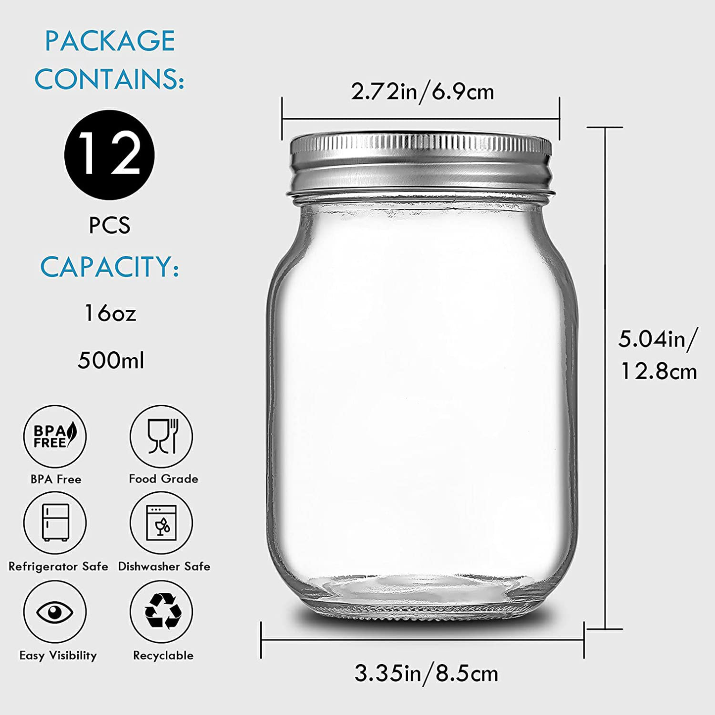 YEBODA 16 oz Mason Jars with Airtight Lids and Bands 12 Pack Glass Canning Jars for Preserving, Meal Prep, Overnight Oats, Jam, Jelly, Jams, Spice, Salads, Yogurt, Sauces, Wedding Favors