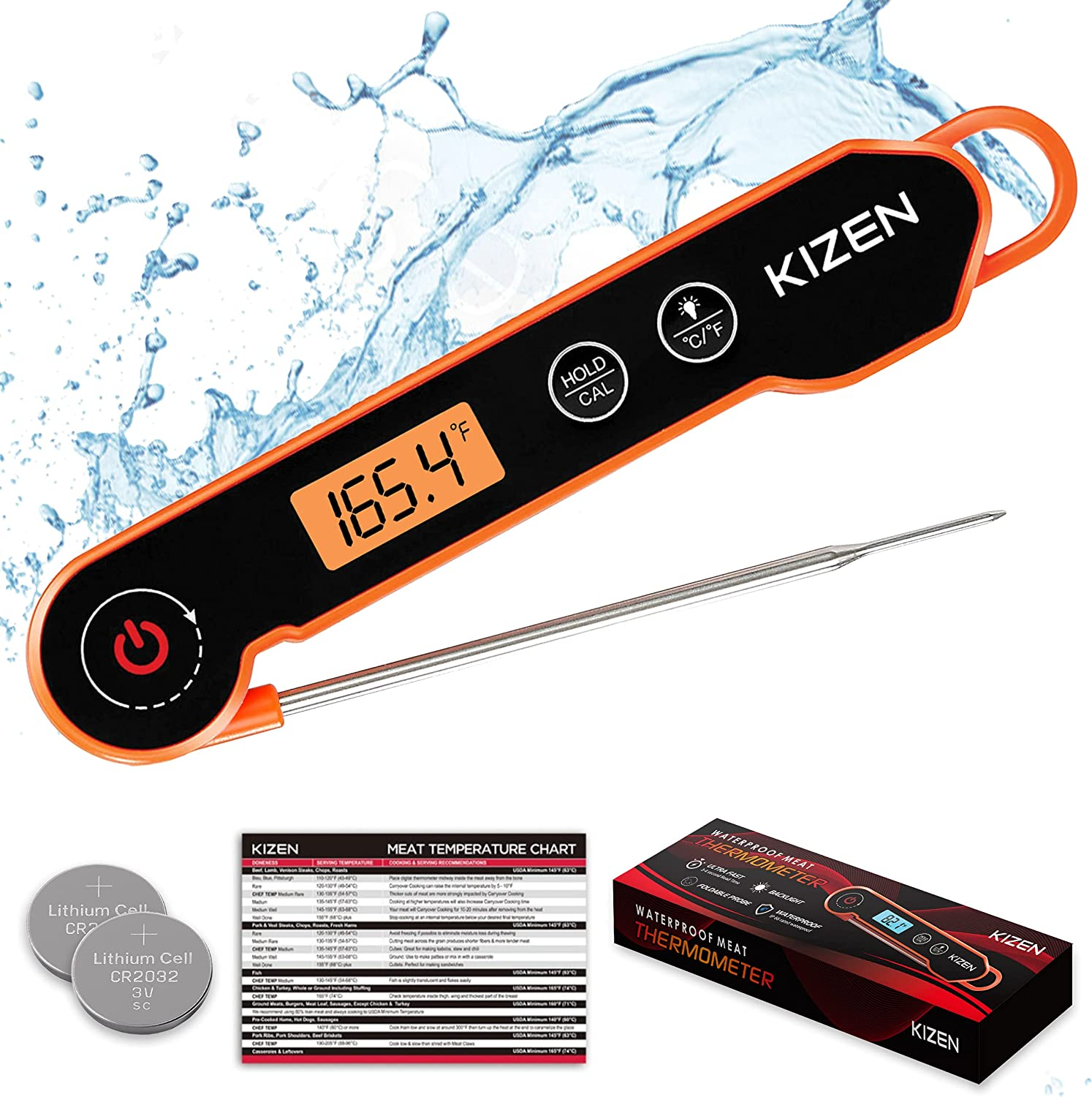 Kizen Digital Meat Thermometers for Cooking - Waterproof Instant Read Food Thermometer for Meat, Deep Frying, Baking, Outdoor Cooking, Grilling, & BBQ (Orange/Black)
