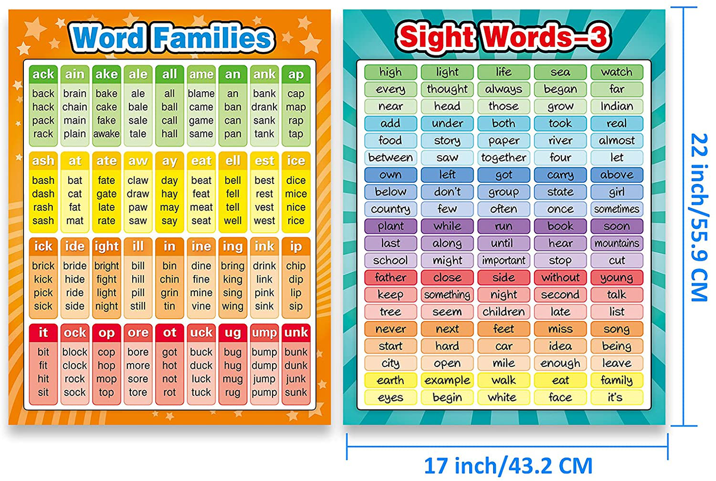 4 Sheets Sight Words Poster Extra Large Educational Posters and Word Families Posters Educational Chart Posters Classroom Posters and Learning Posters for Preschool, Classroom, Homeschool, Playroom