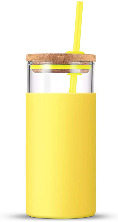 tronco 20oz Glass Tumbler Straw Silicone Protective Sleeve Bamboo Lid - BPA Free, for Moms (Spring Yellow)
