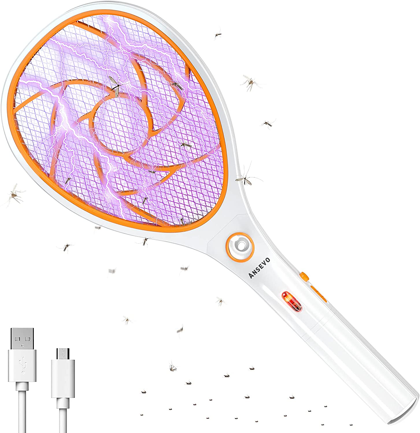 ANSEVO Bug Zapper Racket Electric Fly Swatter Electronic Mosquito Killer Removable Handle with USB Charging LED Lighting 3-Layer Protection for Indoor and Outdoor -Kill Insects, Gnats（Orange）