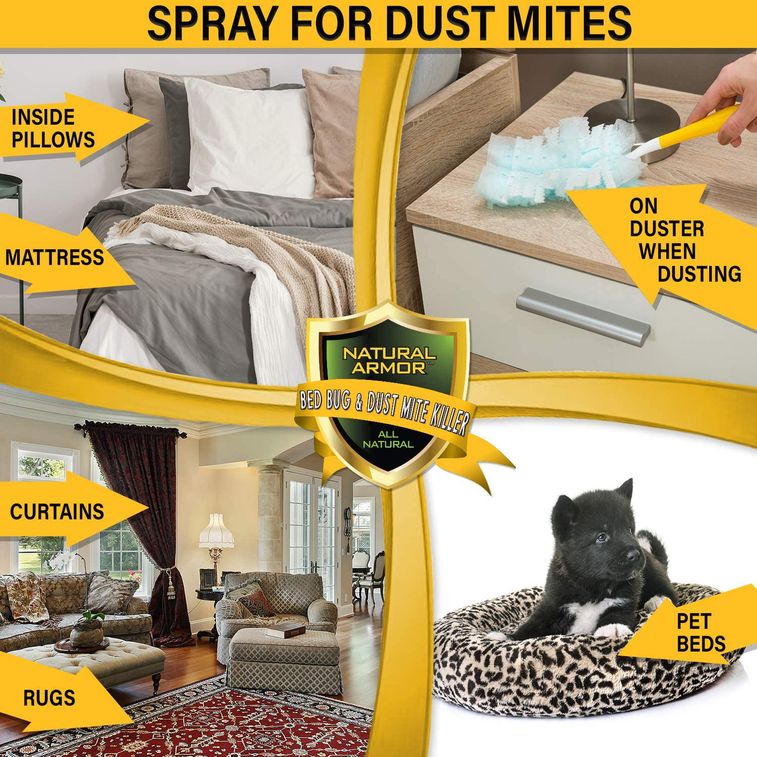 Bed Bug & Dust Mite Killer Natural Spray Treatment for Mattresses, Covers, Carpets & Furniture - Fast Extended Protection. Pet & Kids Safe - No Toxins or Chemicals 32 oz Quart