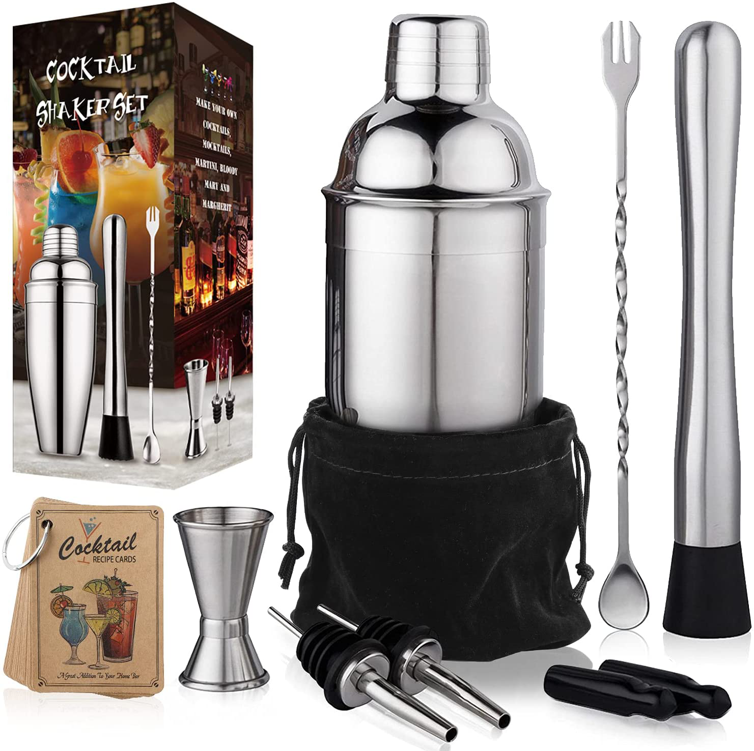 24 oz Cocktail Shaker Set Bartender Kit by Aozita, Stainless Steel Martini Shaker, Mixing Spoon, Muddler, Measuring Jigger, Liquor Pourers with Dust Caps and Manual of Recipes, Professional Bar Tools