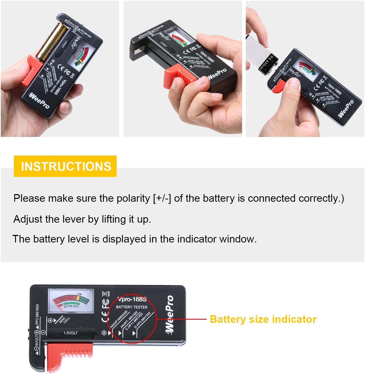 Battery Tester Checker by WeePro - Universal Battery Tester Monitor for AA AAA C D 9V 1.5V Button Cell Batteries - Household Battery Life Level Testers Power Meter