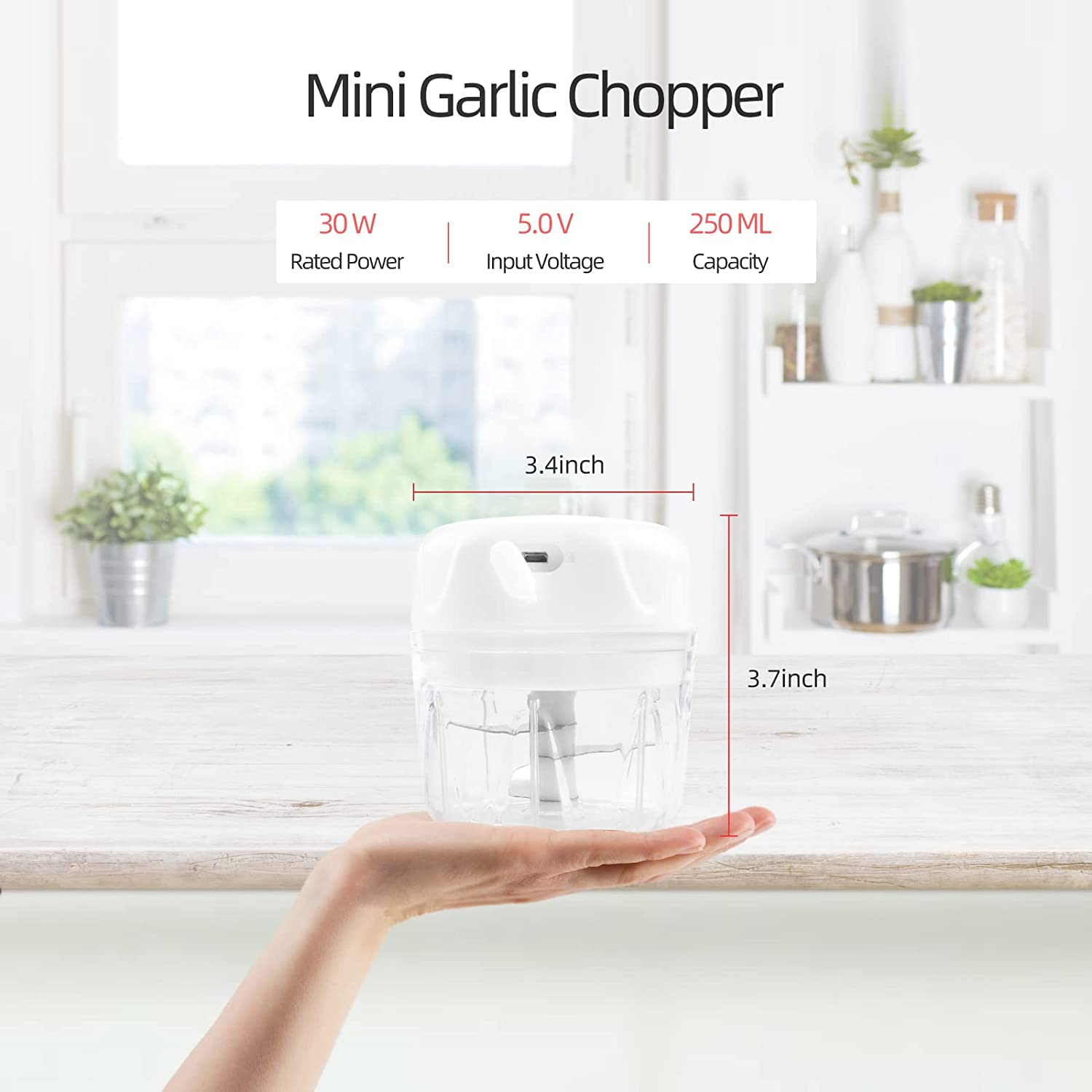 Electric Mini Garlic Chopper, 250Ml Wireless USB Recharge Waterproof Food Chopper Processor Portable Small Vegetable Mincer Blender Masher Crusher for Spice, Baby Food, Onion, Ginger (White)