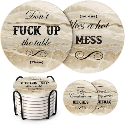 LIFVER Funny Coasters for Drinks with Holder, Set of 8 Marble Style Absorbent Drink Coasters with Cork Base, Bar Coaster with 4 Sayings, for Tabletop Protection, 4 inch