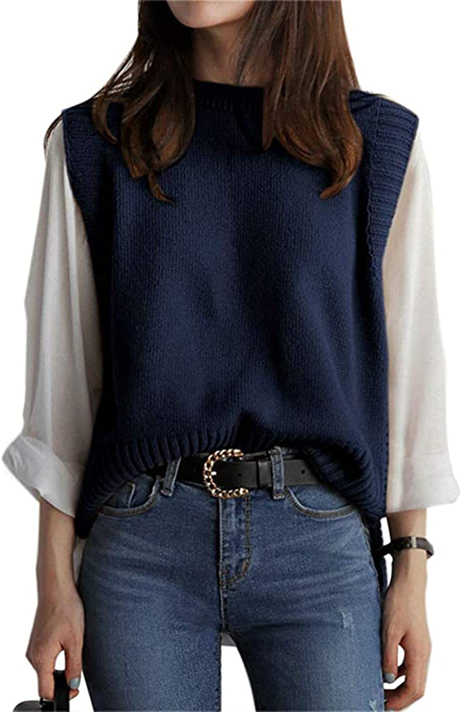 UANEO Women's Basic Round Neck Sleeveless High Low Pullover Knit Sweater Vest