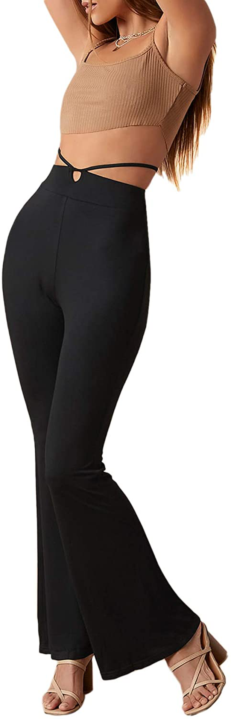 SheIn Women's Cut Out High Elastic Waist Long Pants Flare Leg Solid Trousers
