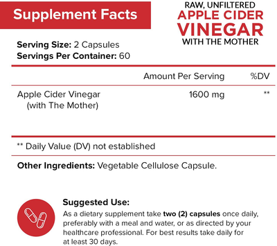 Apple Cider Vinegar Capsules with Mother 1600Mg - 120 Vegan ACV Pills - Best Supplement for Healthy Weight Loss, Diet, Keto, Digestion, Detox, Immune - Powerful Cleanser & Appetite Suppressant Non-Gmo