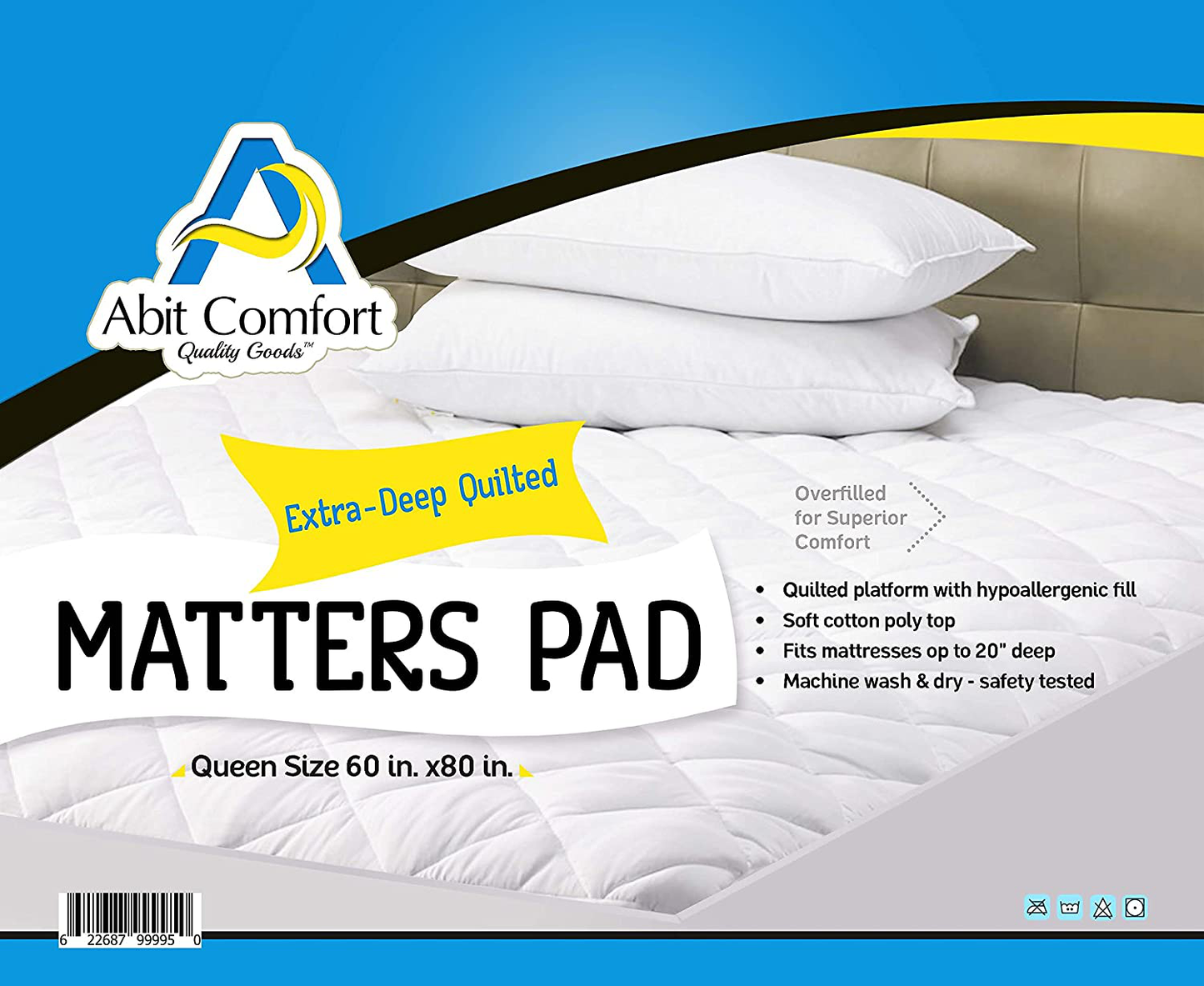 Abit Comfort Mattress cover, Quilted fitted mattress pad queen fits up to 20" deep hypoallergenic comfortable soft white cotton-poly