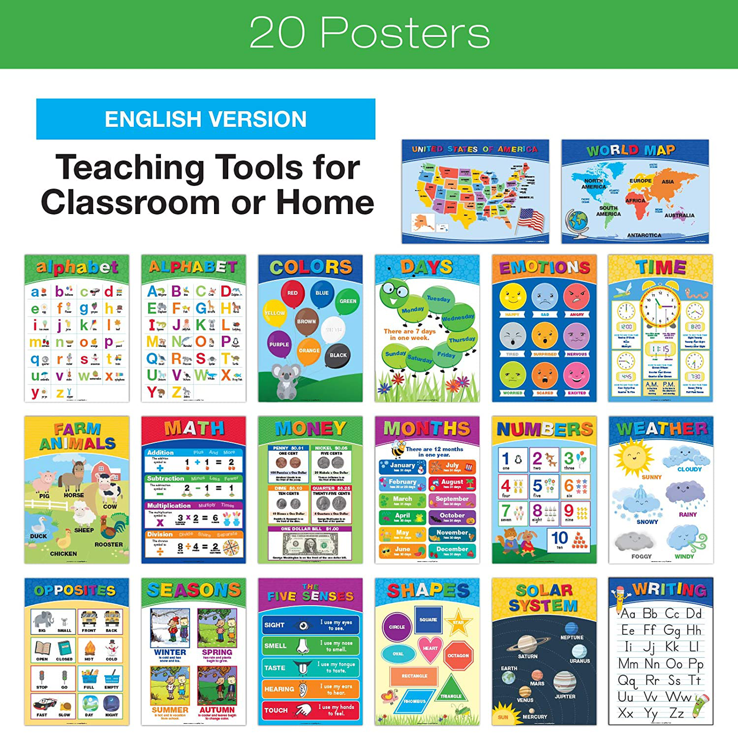 20 Large Educational Posters For Kids Toddlers (16.5x12 Double Sided English and Spanish) Includes: Alphabet Colors Letters Numbers Shapes Months Days Weather Time Animals Solar System Seasons Map