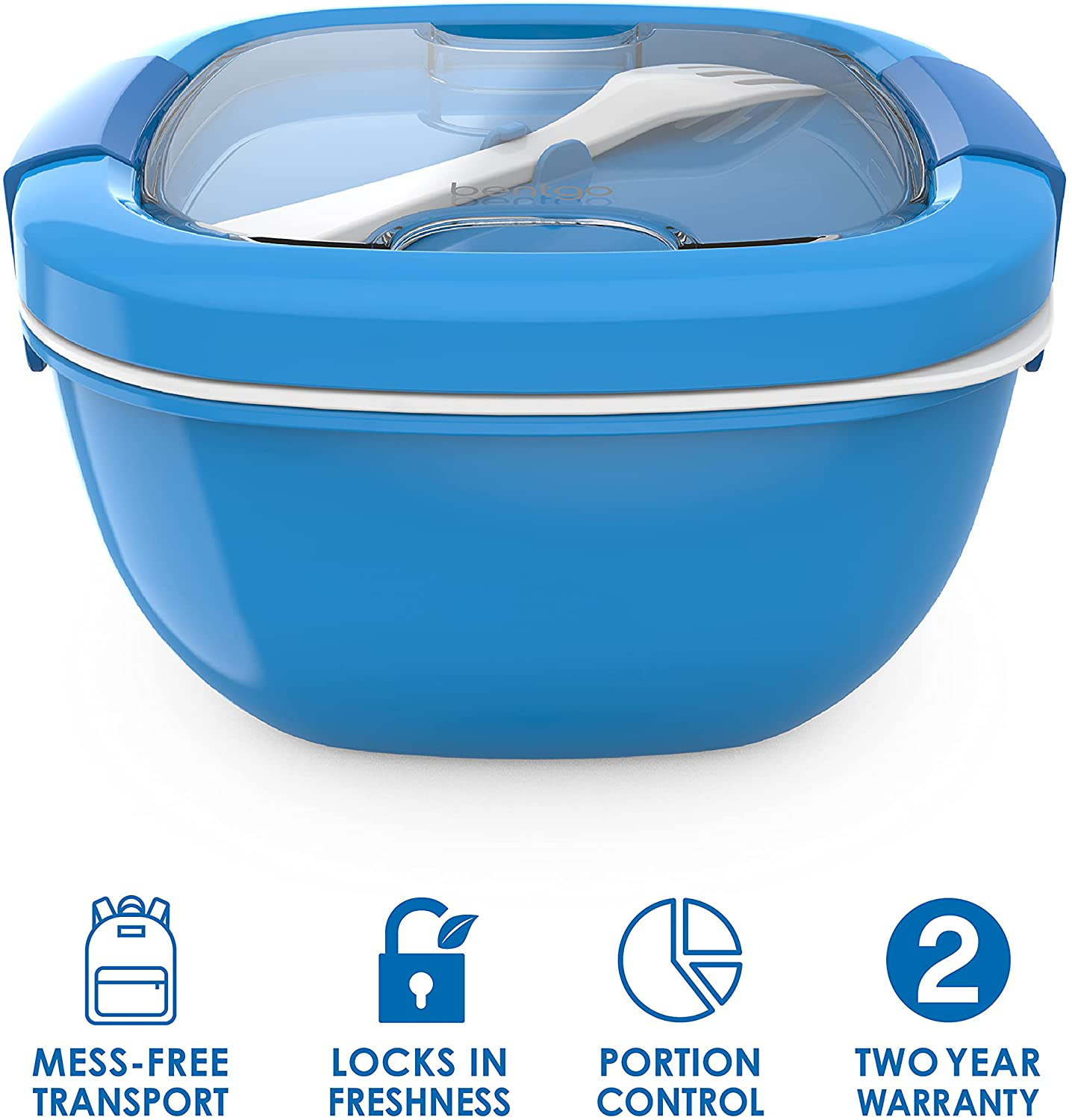 Bentgo Salad - Stackable Lunch Container with Large 54-oz Salad Bowl, 4-Compartment Bento-Style Tray for Toppings, 3-oz Sauce Container for Dressings, Built-In Reusable Fork & BPA-Free (Blue)