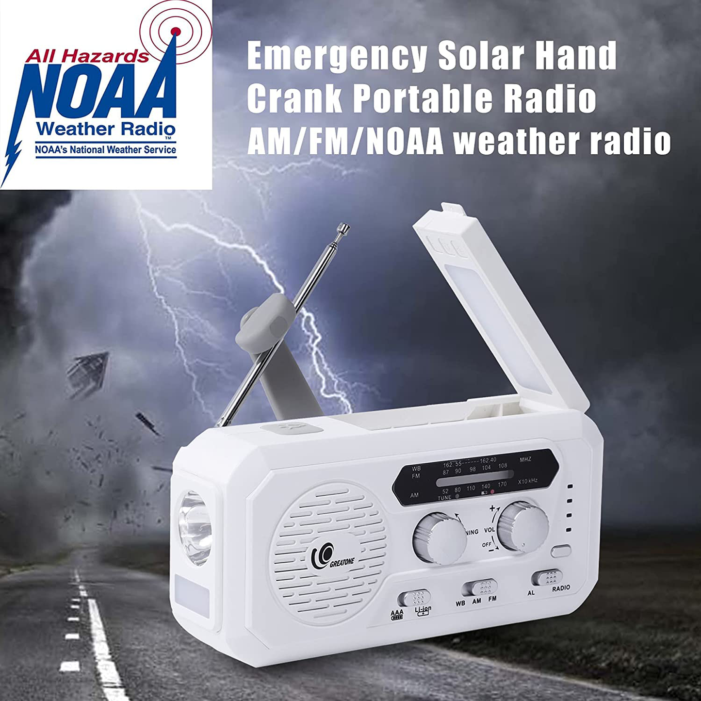 GREATONE Weather Radio Emergency Solar Crank Radio with Flashlight and Reading Lamp,AM/FM/NOAA Protable Weather Radio for Home and Outdoor,5000mAh Power Bank SOS Alarm