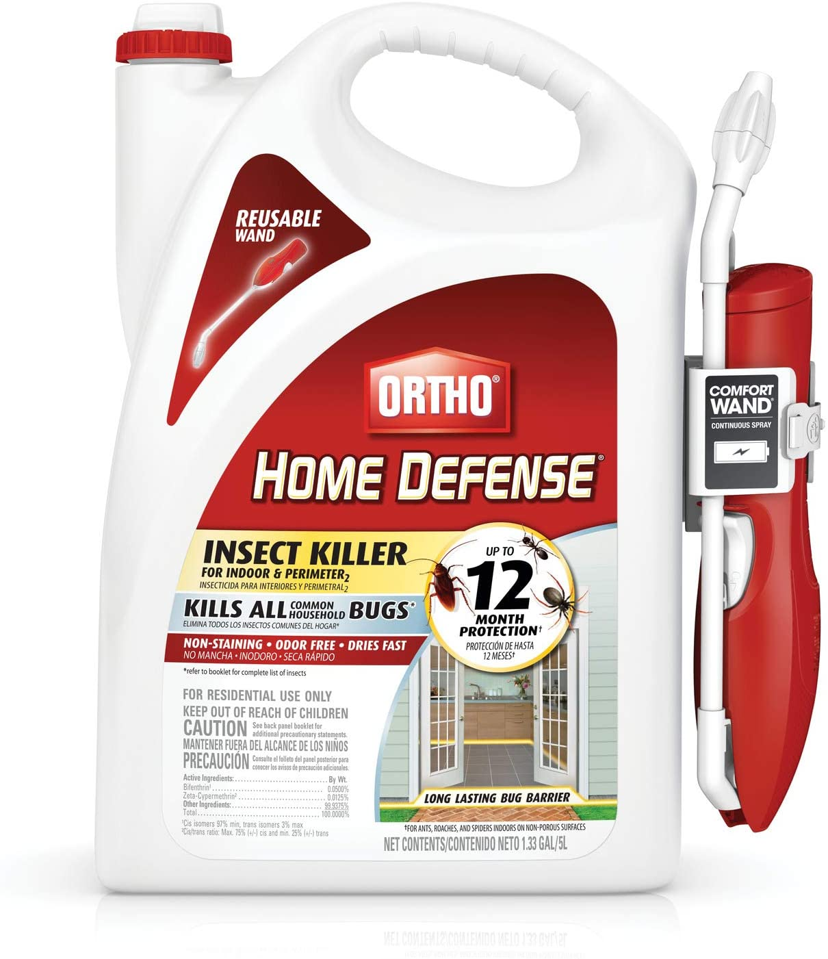 Ortho Home Defense Insect Killer for Indoor & Perimeter2: with Comfort Wand, Kills Ants, Cockroaches, Spiders, Fleas & Ticks, Odor Free, 1.1 Gal.