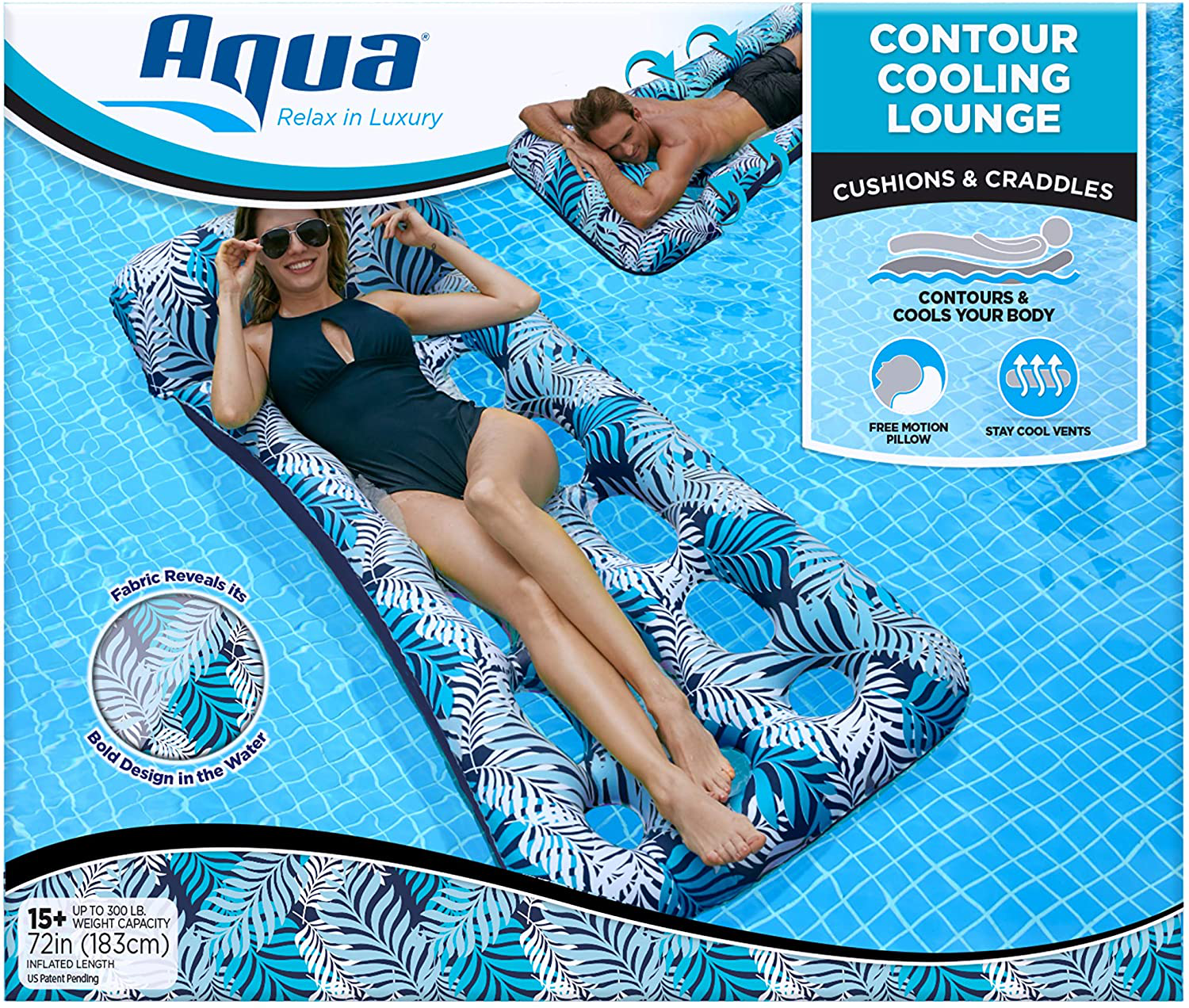 Aqua 18-Pocket Inflatable Contour Lounge, Luxury Fabric, Suntanner Pool Float, Heavy Duty, Blue Ferns