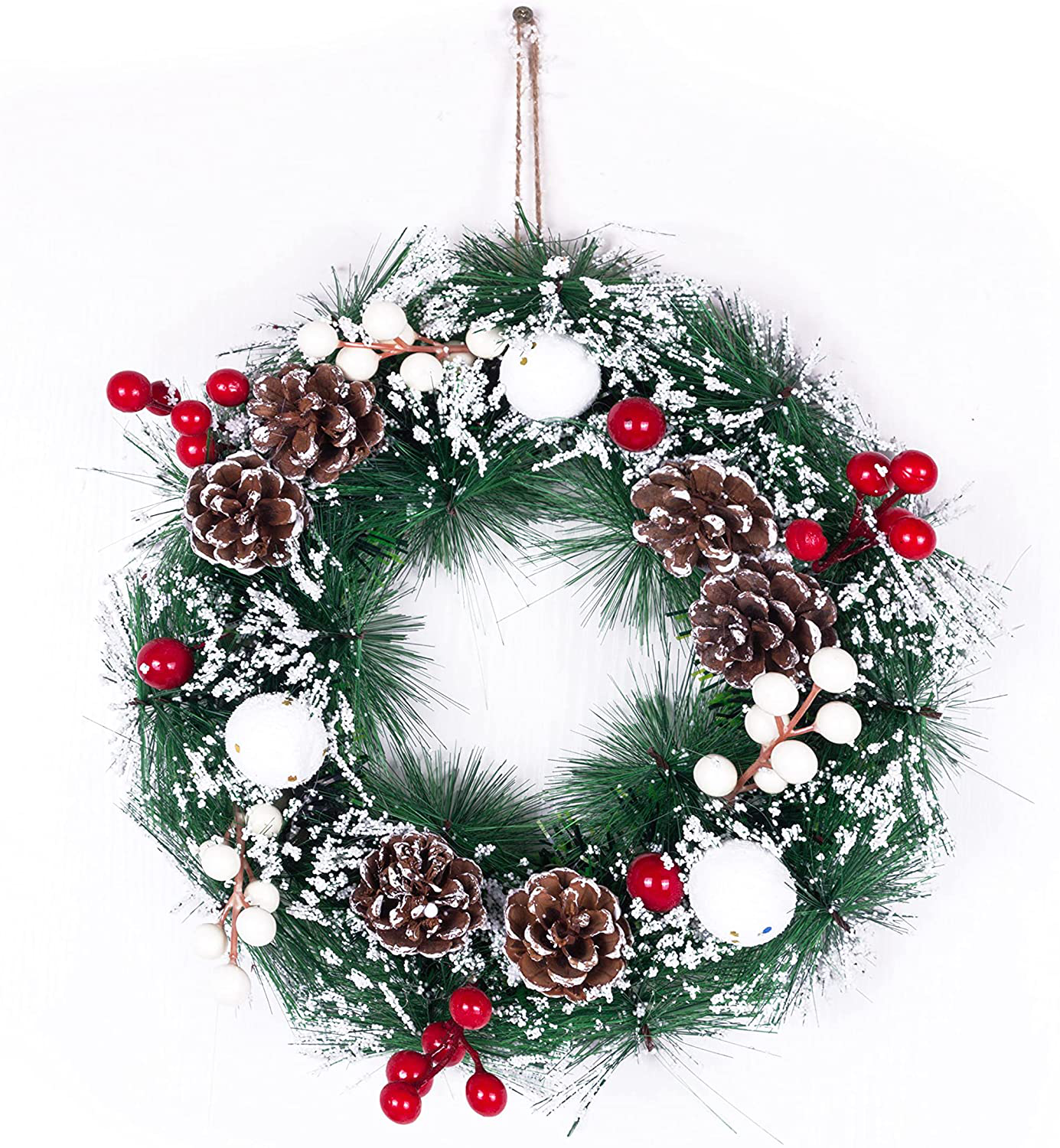 Christmas Decoration Wreath for Front Door, Wall Hanging Snowball Red Berry Pine Cone Garland Ornament for Xmas Party Indoors and Outdoors Home Decor