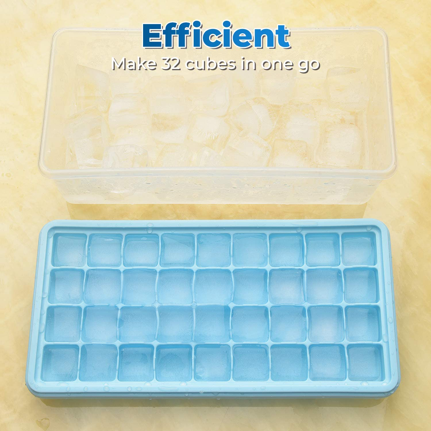 Ice Cube Tray With Lid and Bin - Silicone Ice Tray For Freezer | Comes with Ice Container, Scoop and Cover | Good Size Ice Bucket (Blue)