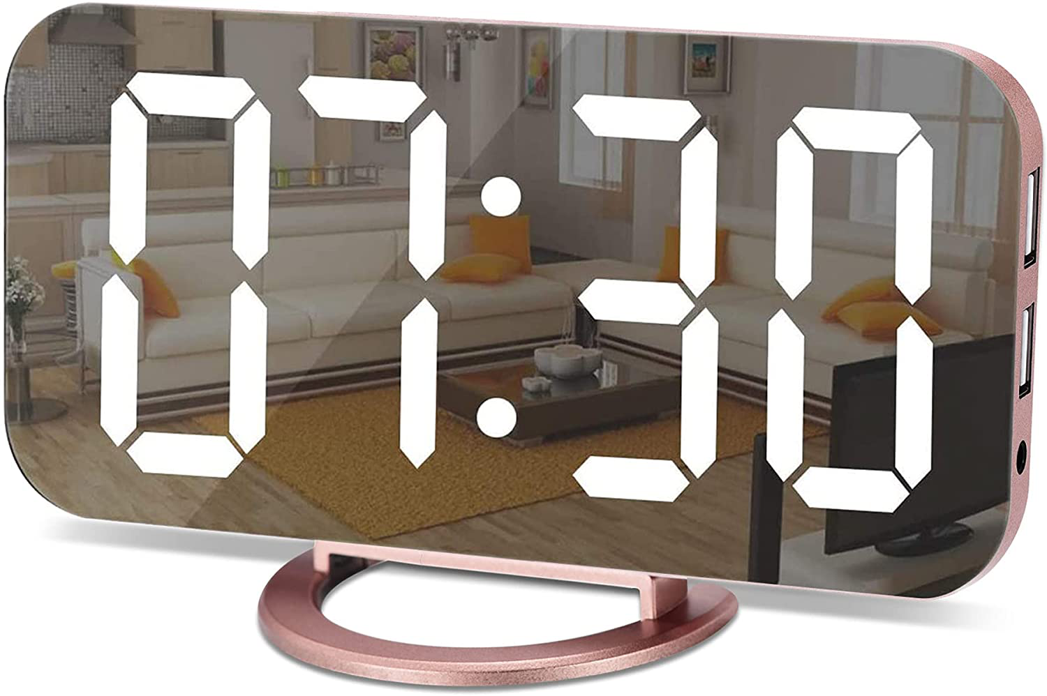 Alarm Clock for Bedroom,LED and Mirror Digital Clock Large Display,with Dual USB Charger Ports,Auto Dim,Snooze Mode,Modern Desk/Wall Electronic Clock for Girl Woman Mom Teens - Rose Gold