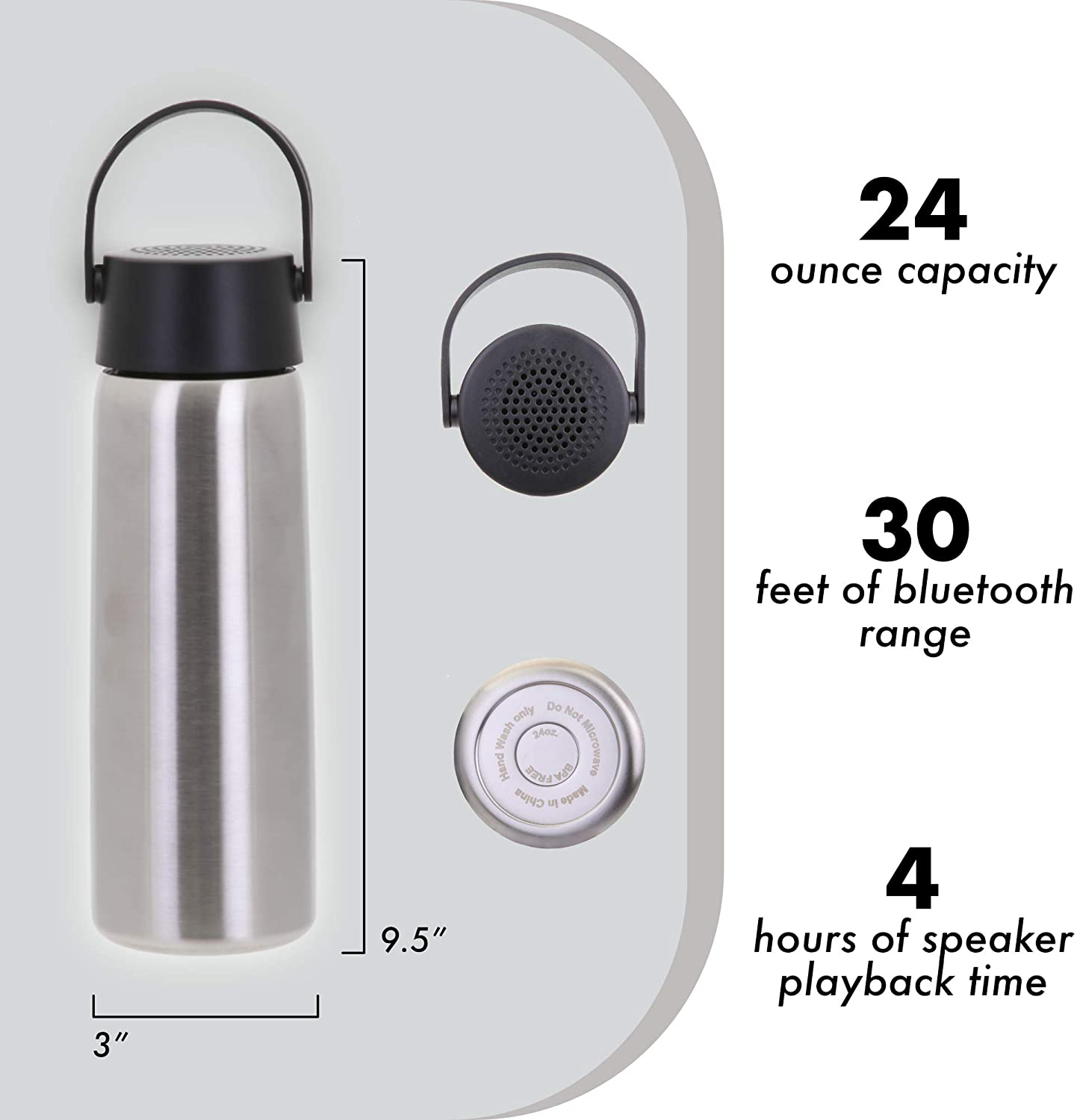 Vastigo 23 Oz Capacity Stainless Steel Rechargeable Wireless Bluetooth Speaker Water Bottle, Powder Coated | Handle for On-The-Go Travel | Outdoor Sports Bottle | Insulated