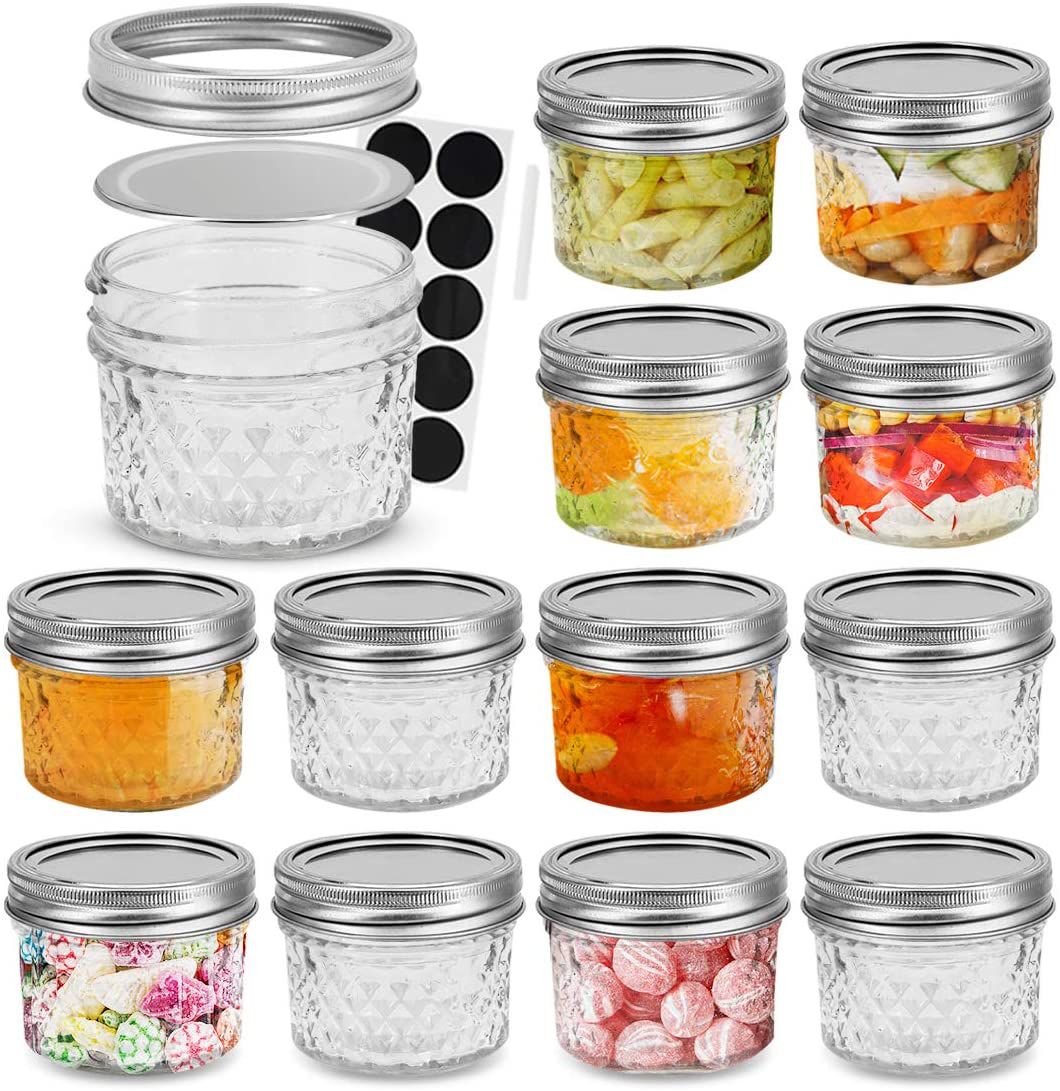 FRUITEAM 4 oz 12 PACK Mini Mason Jars with Lids and Bands, Quilted Crystal Jars Ideal for Food Storage, Jam, Body Butters, Jelly, Wedding Favors