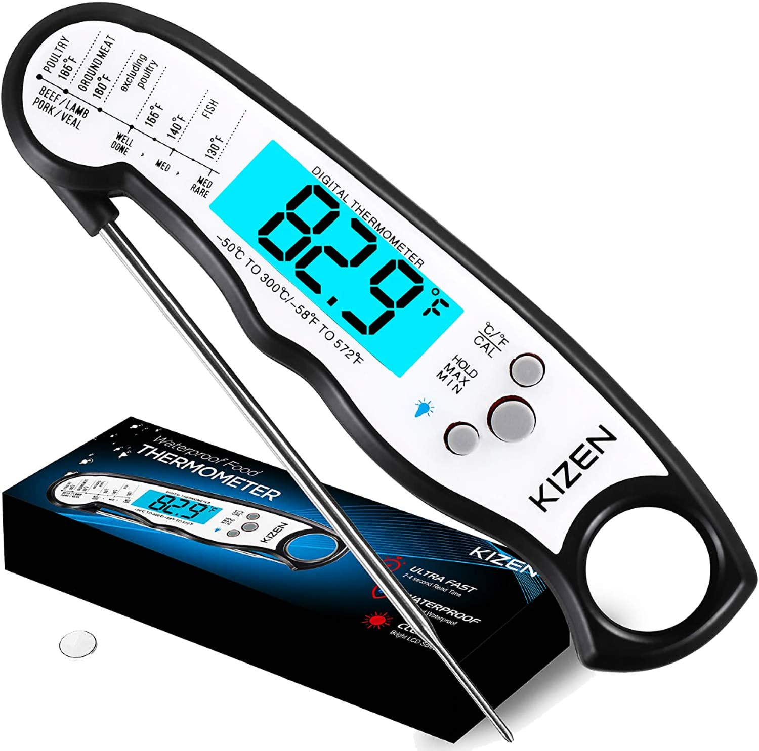 Kizen Digital Meat Thermometers for Cooking - Waterproof Instant Read Food Thermometer for Meat, Deep Frying, Baking, Outdoor Cooking, Grilling, & BBQ