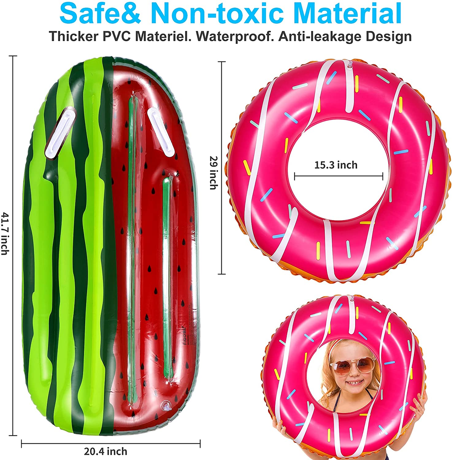 4 Pack Inflatable Float Summer Ring with Donut Designs and Watermelon Surfboard Swimming Pool Float Toys for Summer Water Parties Outdoor Water Activities
